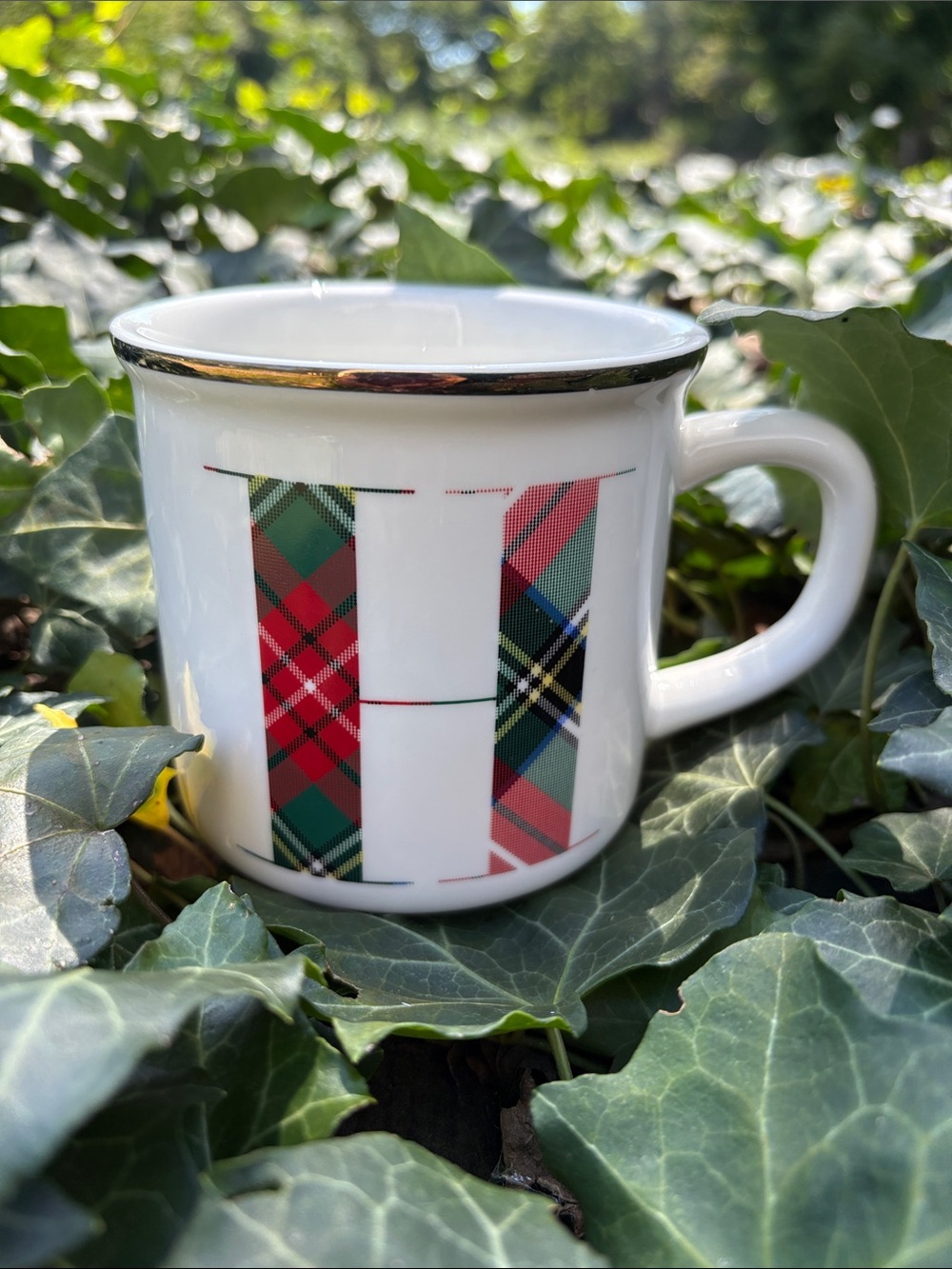 Pottery Barn White Mug with Red and Green Plaid H Letter